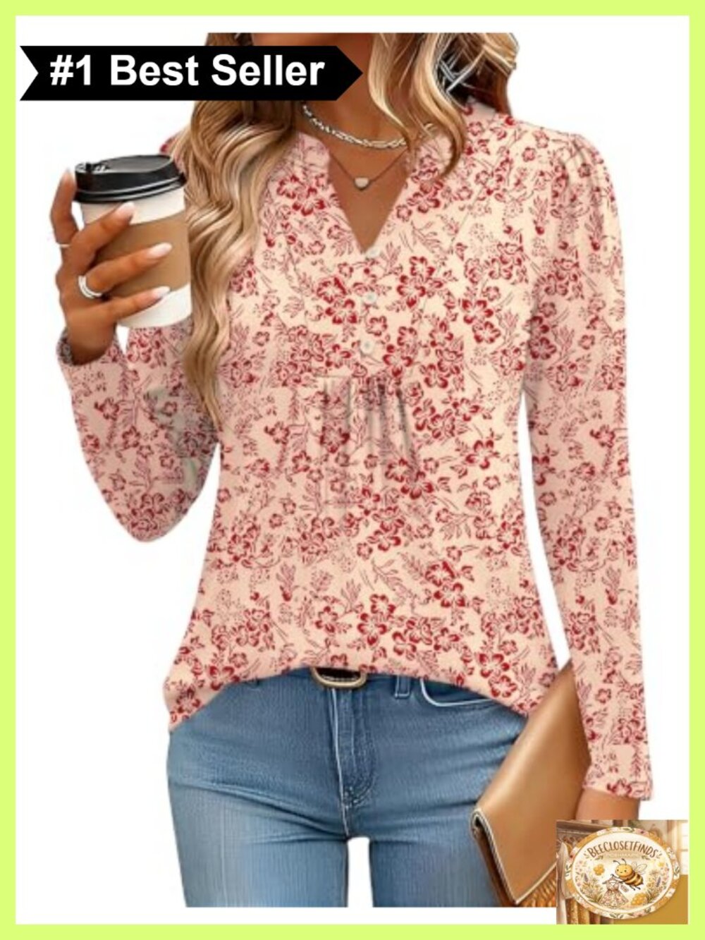 Womens Long Sleeve Henley V-Neck Pleated Tunic Top Puff Sleeve